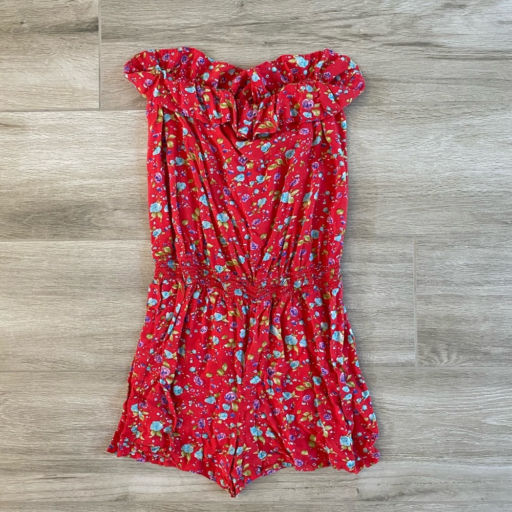 Forever 21 Red Floral Strapless Romper Cut…